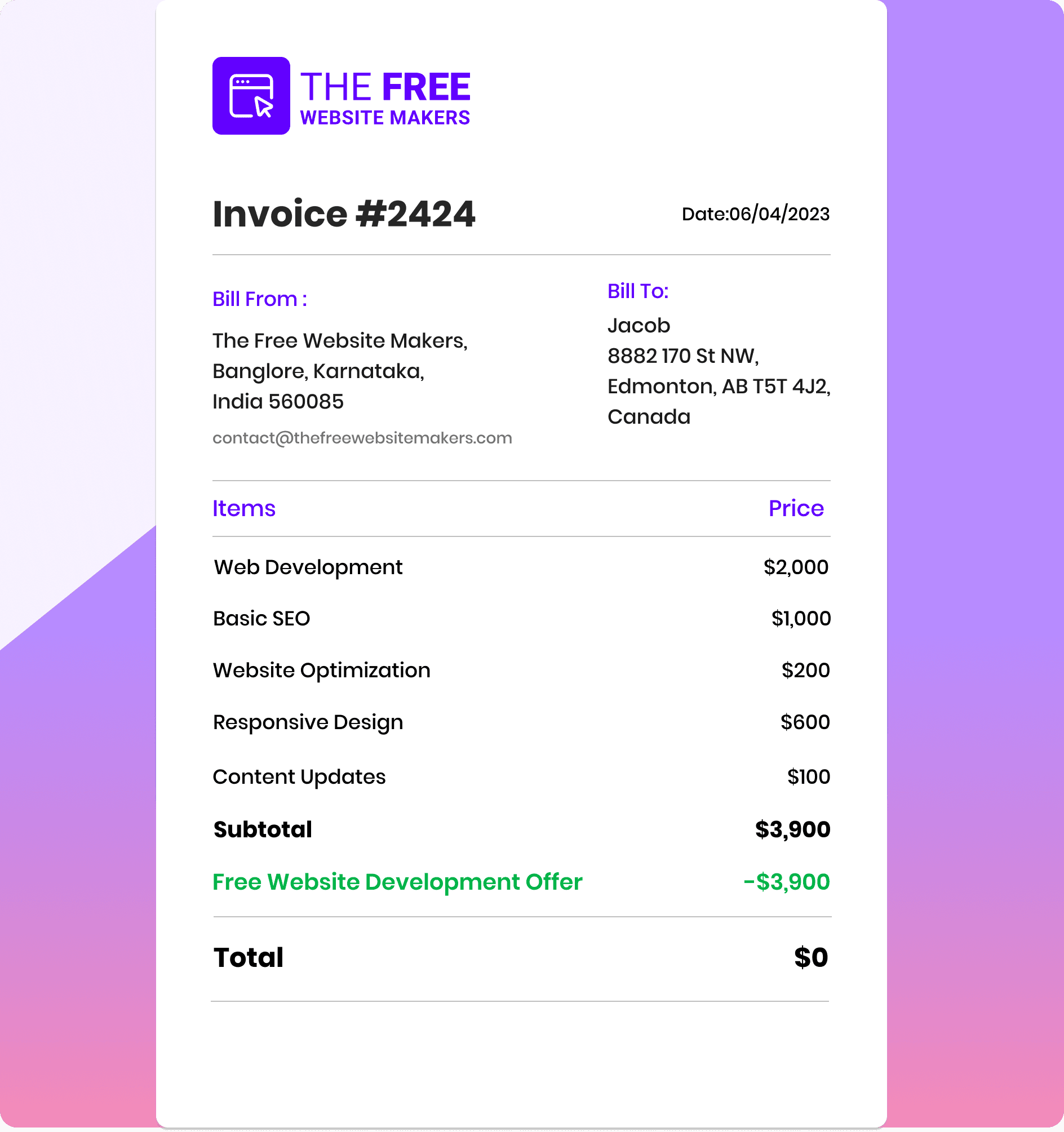 Invoice - The Free Website Makers